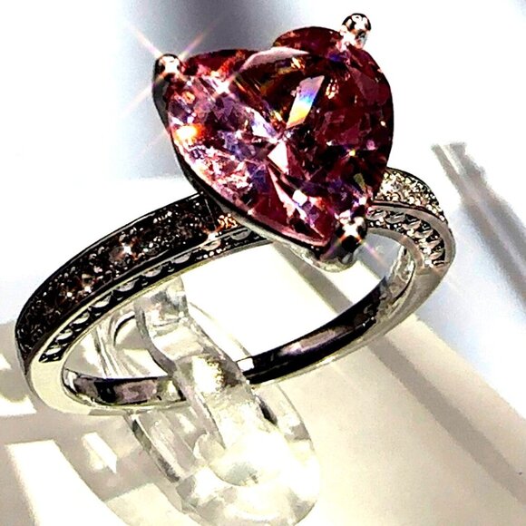 Fashion Jewelry Jewelry - Pink Cubic Zirconia Heart Cut Ring Silver Tone Size 7